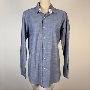 Le31 Simons Slim Elegant Blue Casual Button Down Shirt with Floral Collar 16R